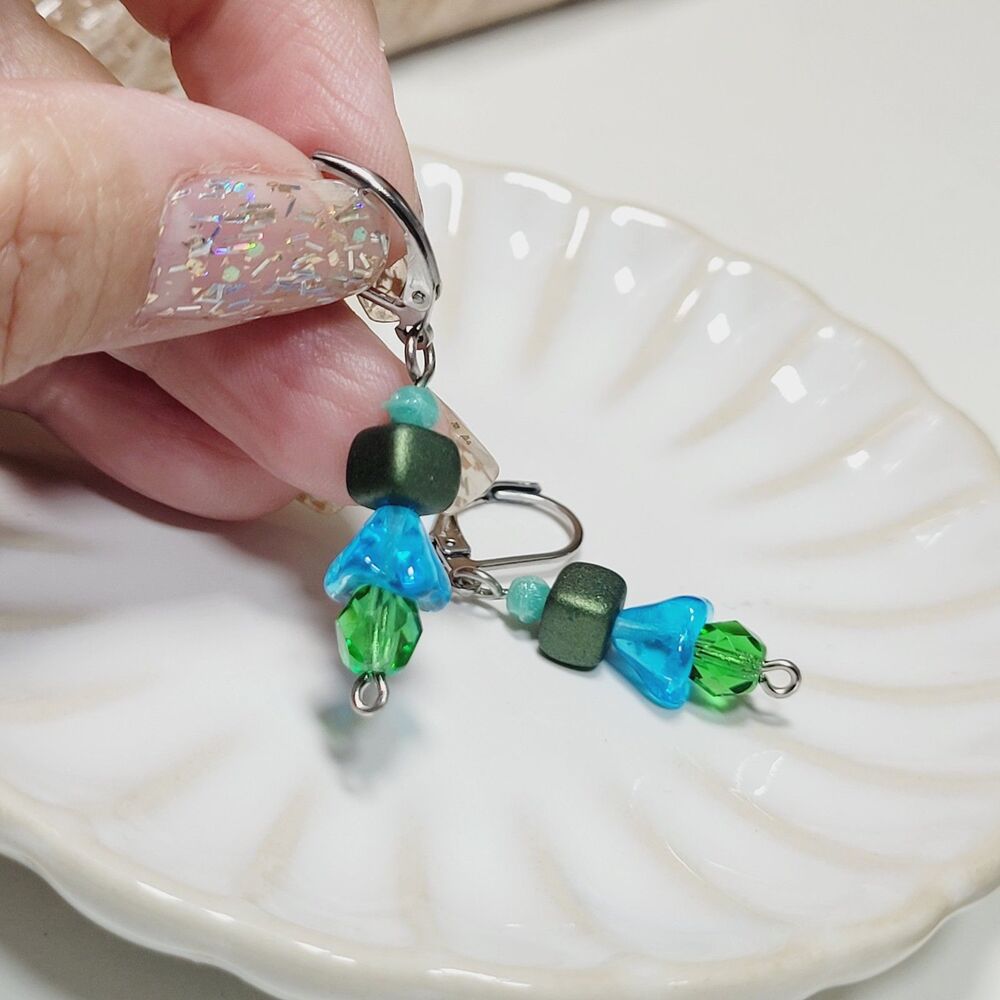 Green Glass Leverback earrings handmade Secret Lore earrings Earthy Boho 690■